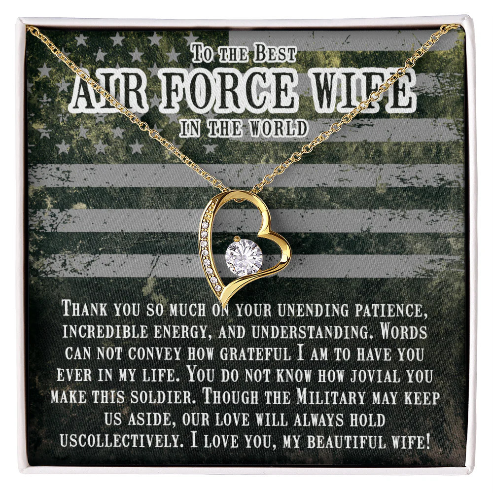 Air Force Wife Patience Forever Love CZ Heart Necklace White Gold Luxury Box